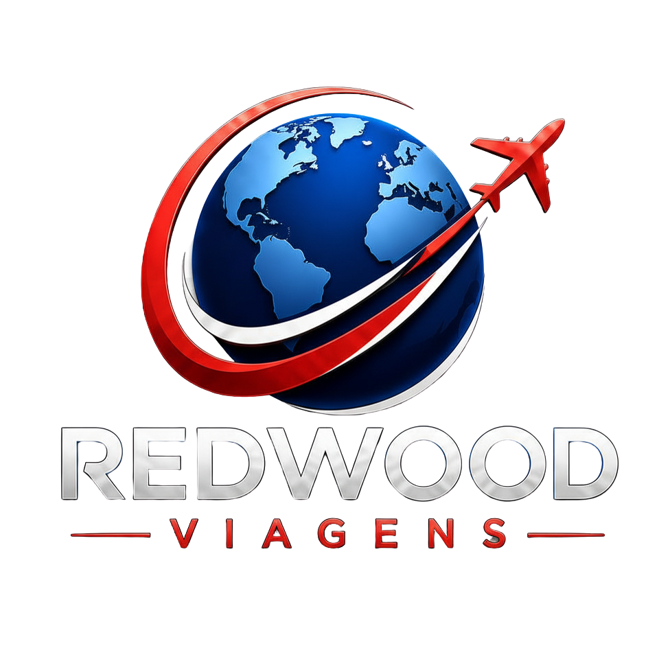 Logo original Redwood Viagens com globo azul e avião vermelho